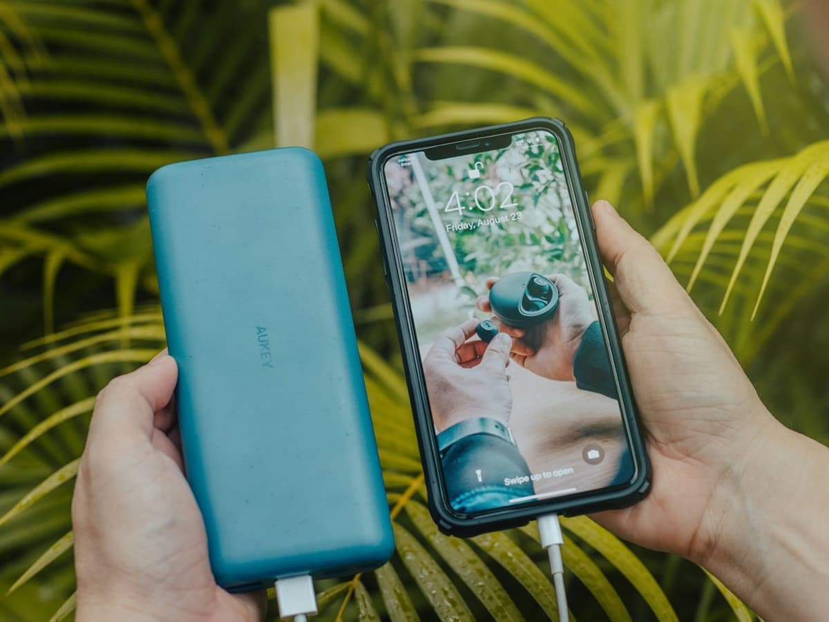 A hand holding a power bank charging a phone in front of tropical foliage